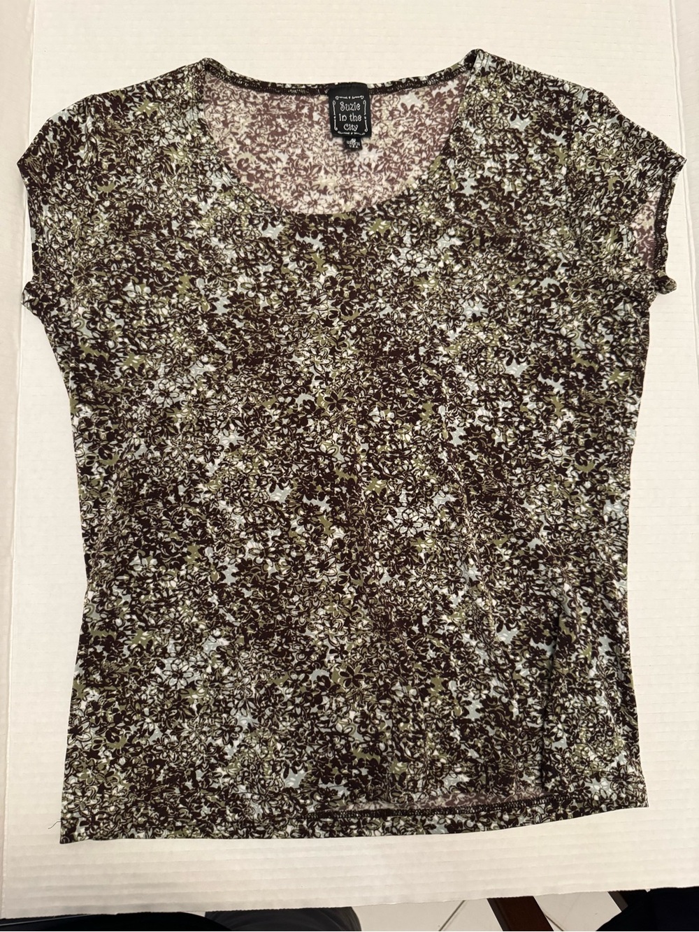 Suzie In The City Olive and Black Floral Scoop Neck Tee